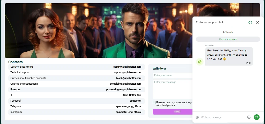 Customer support interface — responsible gambling tools are accessible via support and account settings